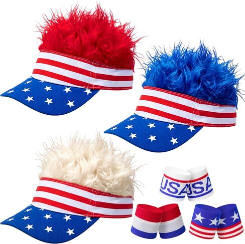 Patriotic Visor Cap Wig, Patriotic Fake Hairs Visor Hat and Wrist Band Set for Men Women Outdoor Sports in Kuwait