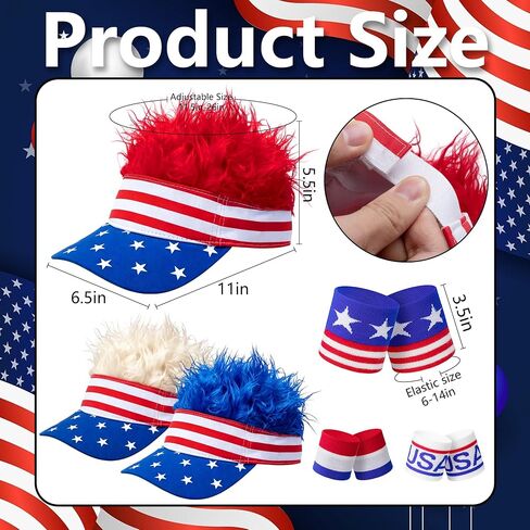 Patriotic Visor Cap Wig, Patriotic Fake Hairs Visor Hat and Wrist Band Set for Men Women Outdoor Sports in Kuwait