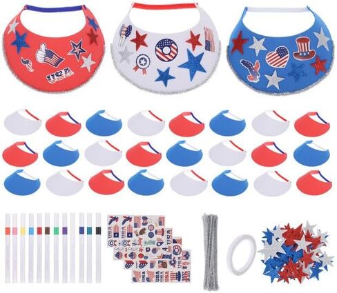 24 Set 4th of July Foam Visors Crafts Kit DIY Patriotic Sun Visor Hats Include Markers Stickers Stars for Independence Day Parade Summer Beach Party Outdoor Tennis Supplies in Saudi Arabia