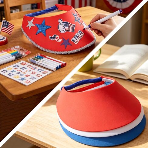 24 Set 4th of July Foam Visors Crafts Kit DIY Patriotic Sun Visor Hats Include Markers Stickers Stars for Independence Day Parade Summer Beach Party Outdoor Tennis Supplies in Saudi Arabia