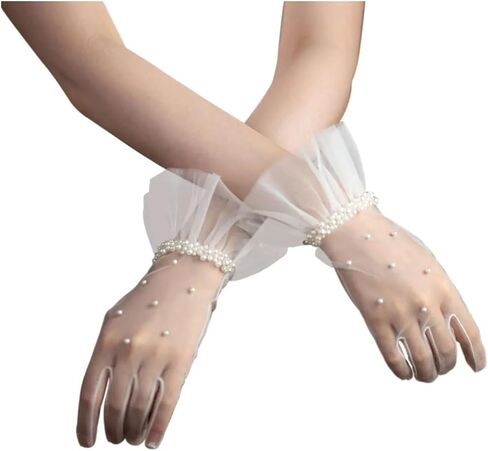 Wedding Bridal Gloves Tulle Ruffled Edge Pearls Beading White Short Wrist Brides Suitable for weddings in Saudi Arabia