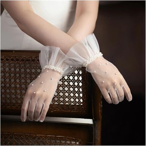 Wedding Bridal Gloves Tulle Ruffled Edge Pearls Beading White Short Wrist Brides Suitable for weddings in Saudi Arabia