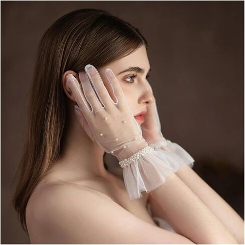 Wedding Bridal Gloves Tulle Ruffled Edge Pearls Beading White Short Wrist Brides Suitable for weddings in Saudi Arabia