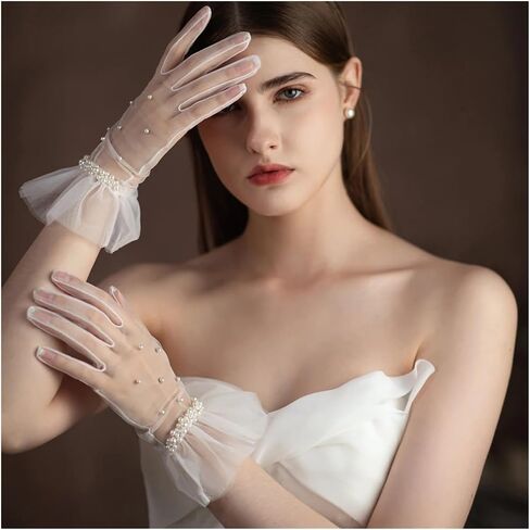 Wedding Bridal Gloves Tulle Ruffled Edge Pearls Beading White Short Wrist Brides Suitable for weddings in Saudi Arabia