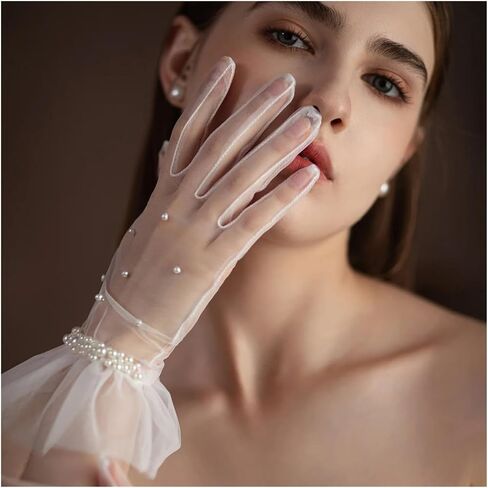 Wedding Bridal Gloves Tulle Ruffled Edge Pearls Beading White Short Wrist Brides Suitable for weddings in Saudi Arabia