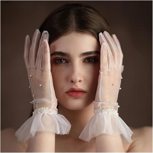 Wedding Bridal Gloves Tulle Ruffled Edge Pearls Beading White Short Wrist Brides Suitable for weddings in Saudi Arabia