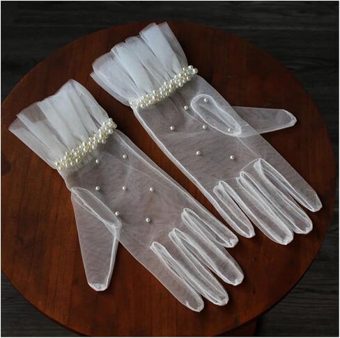 Wedding Bridal Gloves Tulle Ruffled Edge Pearls Beading White Short Wrist Brides Suitable for weddings in Saudi Arabia