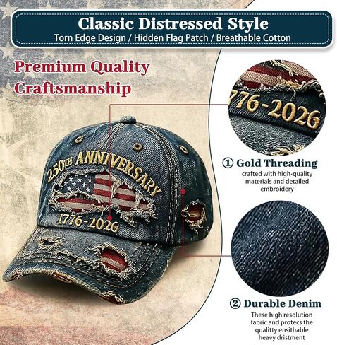 USA 250th Anniversary Distressed Casual Cap,250 Anniversary USA hat 1776-2026 Commemorative Baseball Cap,Traditional American Tribute Hat Gift Honoring Veterans & Patriots Blue in Saudi Arabia