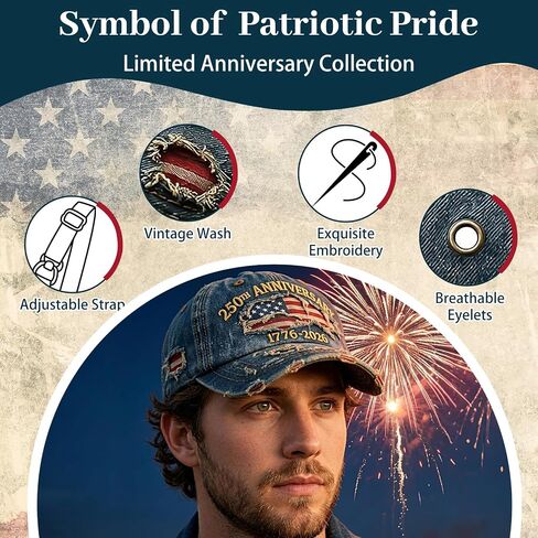 USA 250th Anniversary Distressed Casual Cap,250 Anniversary USA hat 1776-2026 Commemorative Baseball Cap,Traditional American Tribute Hat Gift Honoring Veterans & Patriots Blue in Saudi Arabia