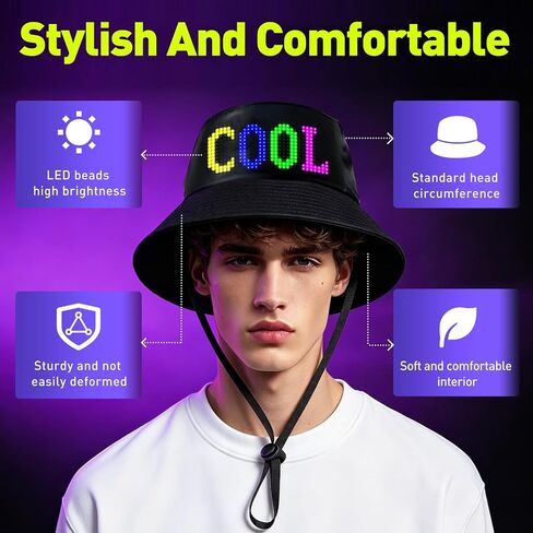 GOTUS Programmable Bucket LED Hat with Bluetooth APP Control, Custom Text, Patterns, Animations, Fisherman Cap for Party, Novelty Gift in Kuwait