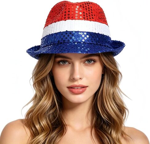 4th of July Sequin Hats Red White Blue Fedora Hats Unisex Patriotic Bucket Hat for Independence Day Memorial Day Party Accessories in Kuwait