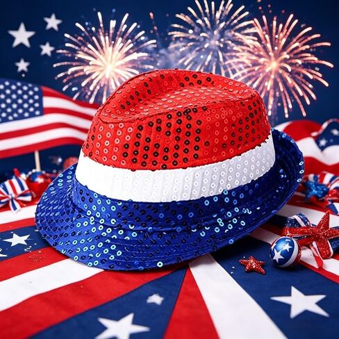 4th of July Sequin Hats Red White Blue Fedora Hats Unisex Patriotic Bucket Hat for Independence Day Memorial Day Party Accessories in Kuwait