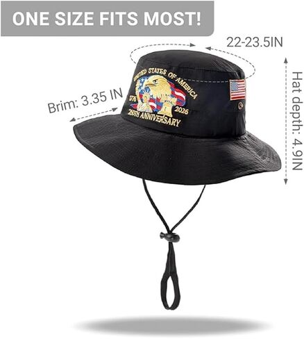 250th Anniversary Embroidered Unisex Foldable Sun Hat, Waterproof, Wide-Brimmed with Adjustable Chin Strap, for Beach, Fishing, Hiking, and Outdoor Adventures (Black) in Saudi Arabia