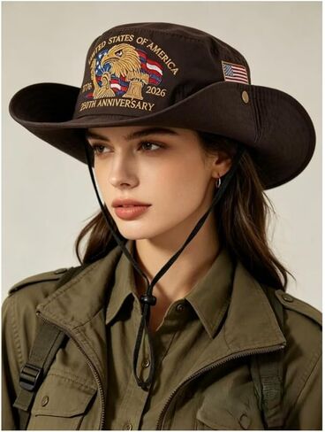 250th Anniversary Embroidered Unisex Foldable Sun Hat, Waterproof, Wide-Brimmed with Adjustable Chin Strap, for Beach, Fishing, Hiking, and Outdoor Adventures (Black) in Saudi Arabia