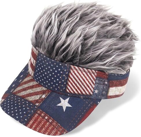 Evankin Vintage USA Visor with Hair, 4th of July Hat with Funny Wigs, Novelty American Flag Cap for Men Women in Kuwait