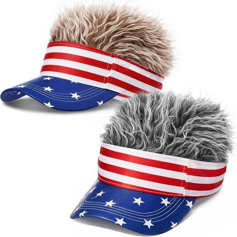 Giegxin 2 Pcs Men Visor Cap Wig 4th of July Fake Hairs Visor Hat White Red and Blue Accessories Independence Day Wigs American Flag Funny Spiked Hats, Brown, Gray in Kuwait
