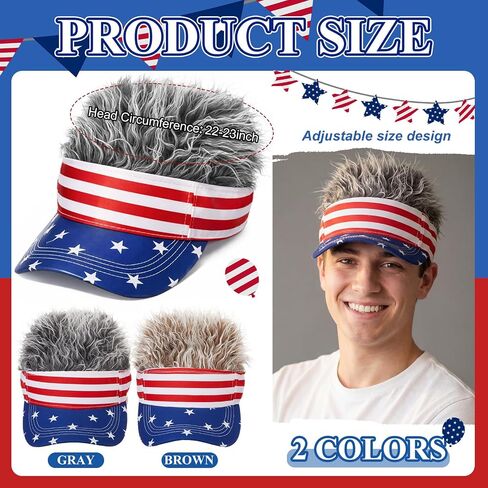 Giegxin 2 Pcs Men Visor Cap Wig 4th of July Fake Hairs Visor Hat White Red and Blue Accessories Independence Day Wigs American Flag Funny Spiked Hats, Brown, Gray in Kuwait