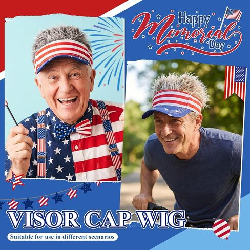 Giegxin 2 Pcs Men Visor Cap Wig 4th of July Fake Hairs Visor Hat White Red and Blue Accessories Independence Day Wigs American Flag Funny Spiked Hats, Brown, Gray in Kuwait