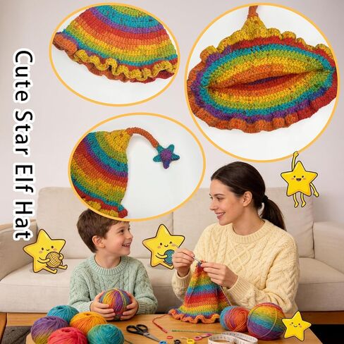Crochet Elf Hats for Kids Adults Colorful Rainbow Striped Winter Beanie with Pompom or Star Cute Gnome Witch Hat in Saudi Arabia