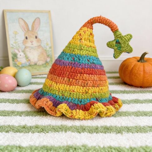 Crochet Elf Hats for Kids Adults Colorful Rainbow Striped Winter Beanie with Pompom or Star Cute Gnome Witch Hat in Saudi Arabia