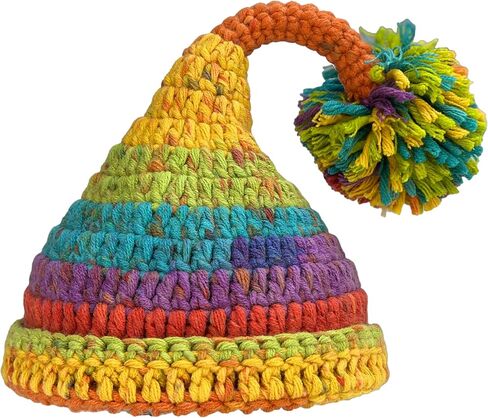 Crochet Elf Hats for Kids Adults Colorful Rainbow Striped Winter Beanie with Pompom or Star Cute Gnome Witch Hat in Saudi Arabia