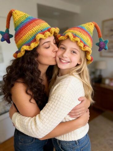 Crochet Elf Hats for Kids Adults Colorful Rainbow Striped Winter Beanie with Pompom or Star Cute Gnome Witch Hat in Saudi Arabia