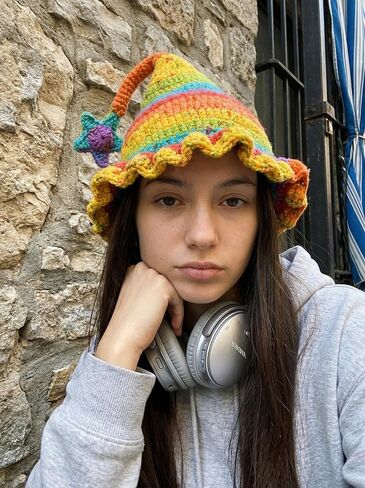 Crochet Elf Hats for Kids Adults Colorful Rainbow Striped Winter Beanie with Pompom or Star Cute Gnome Witch Hat in Saudi Arabia