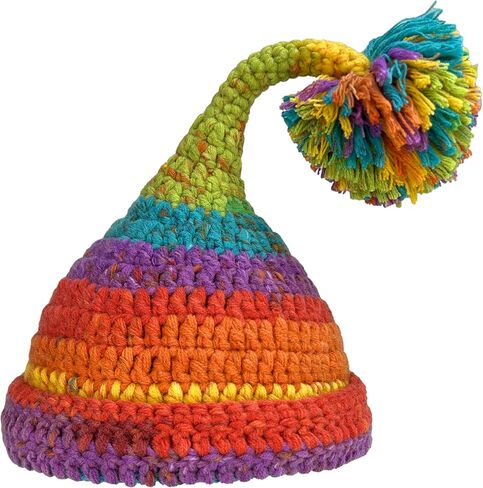 Crochet Elf Hats for Kids Adults Colorful Rainbow Striped Winter Beanie with Pompom or Star Cute Gnome Witch Hat in Saudi Arabia