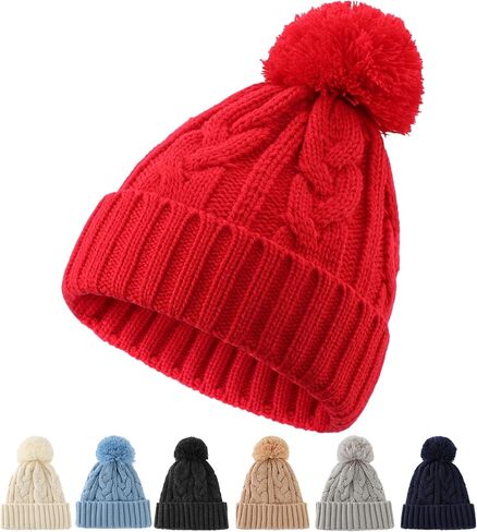 Kids Knit Beanie Hat with Fuzzy Pom Pom Soft Warm Winter Hat for Toddlers Girls Boys in Kuwait