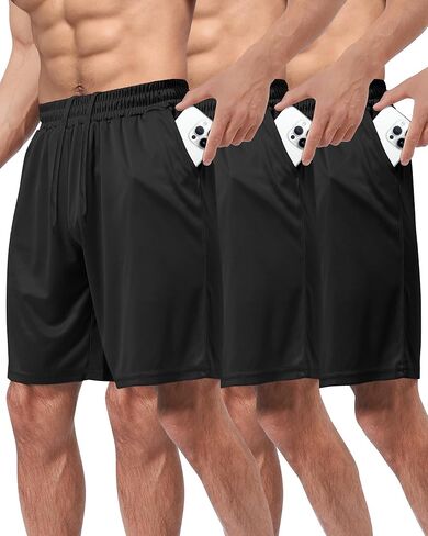BOOJO 3 Pack Gym Basketball Mens Shorts - Quick Dry Black Workout Athletic Shorts with Pockets for Casual Running(S-6XL) in Saudi Arabia