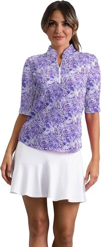 IBKUL Athleisure Wear Sun Protective UPF 50+ Icefil Cooling-Briana Ruched Elbow Sleeve Mandarin Collar Top in Kuwait