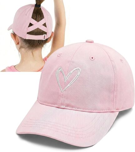 Fkatuzi Girls Cute Heart Criss Cross Ponytail Hat Kids Baseball Hat Embroidered Graphic Adjustable Baseball Cap Cotton in Saudi Arabia