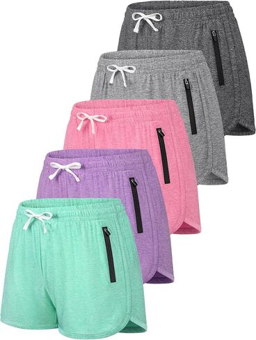 QWE 5 Pack Girls Athletic Shorts with Lock-Zip Pockets, Secure No-Slip Gym Dry-Fit Soccer Shorts for Youth in Saudi Arabia