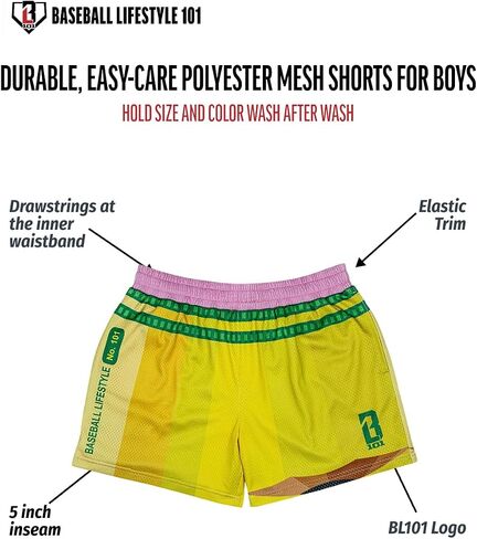 Baseball Lifestyle 101 Boy's Pencil Mesh Shorts with Side Pockets and Elastic Waist, 5 inch Inseam, Youth Sizes S-XL in Kuwait