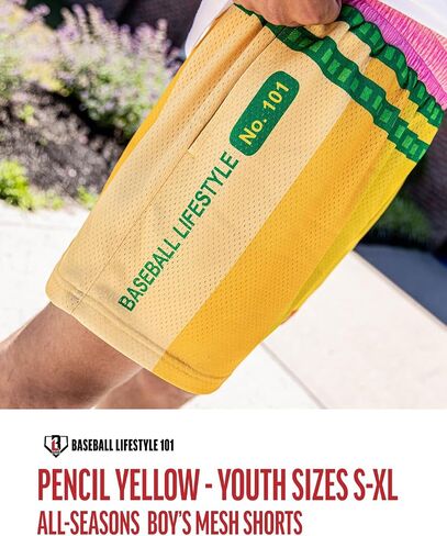 Baseball Lifestyle 101 Boy's Pencil Mesh Shorts with Side Pockets and Elastic Waist, 5 inch Inseam, Youth Sizes S-XL in Kuwait