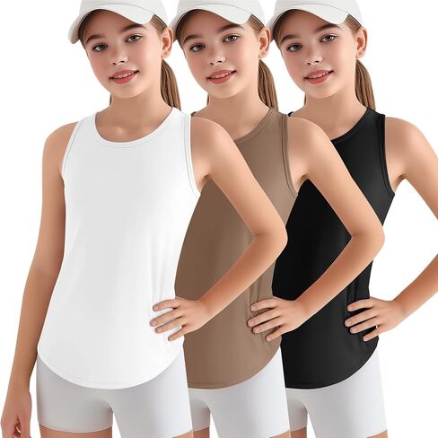 3 Pack Girls Athletic Tank Tops Racerback Quick Dry Sleeveless Tops UPF 50+ Dance Curved Hem Workout Shirts in Kuwait