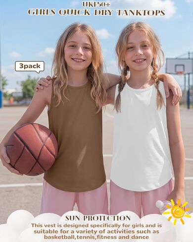 3 Pack Girls Athletic Tank Tops Racerback Quick Dry Sleeveless Tops UPF 50+ Dance Curved Hem Workout Shirts in Kuwait