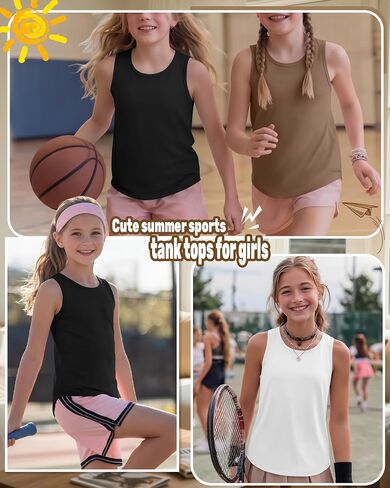 3 Pack Girls Athletic Tank Tops Racerback Quick Dry Sleeveless Tops UPF 50+ Dance Curved Hem Workout Shirts in Kuwait