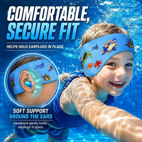 Swimming Headband for Kids - Waterproof Ear Plugs & Adjustable Swim Ear Band,Keep Water Out and Hold Earplugs in - Water Headband for Surfing, Diving, Pool, Showering, and Beach in Saudi Arabia