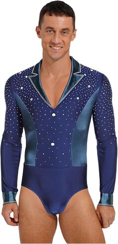 Mens Glittery Rhinestone Latin Tango Dance Shirt V Neck Leotard Modern Ballroom Dance Costumes in Saudi Arabia