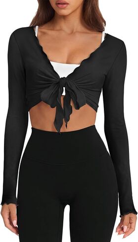 Womens Workout Tops Pilates Outfits for Women Long Sleeve Shirts Ballet Cover Ups Tie Front Wrap Tops Gym Sets in Saudi Arabia