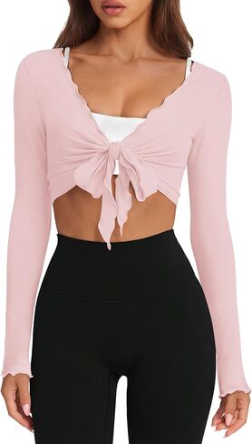 Womens Workout Tops Pilates Outfits for Women Long Sleeve Shirts Ballet Cover Ups Tie Front Wrap Tops Gym Sets in Saudi Arabia