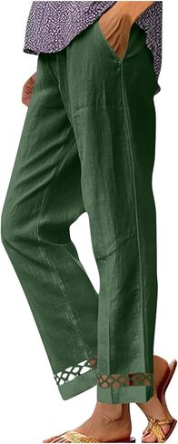 Summer Straight Leg Pants – Cotton Linen Elastic Waist with Lace Panel, Breathable Solid Color Trousers for Women in Kuwait