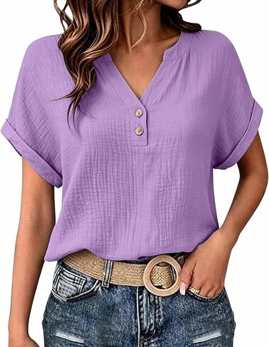 Linen Shirt Women Plus Size Short Sleeve Button V Neck Pleated Blouses Casual Elegant Loose Fit Beach Shirts in Saudi Arabia