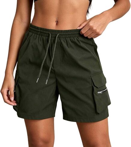 Drawstring Cargo Shorts for Women with Pockets Summer Casual Y2k Elastic High Waisted Wide Leg Bermuda Shorts in Saudi Arabia