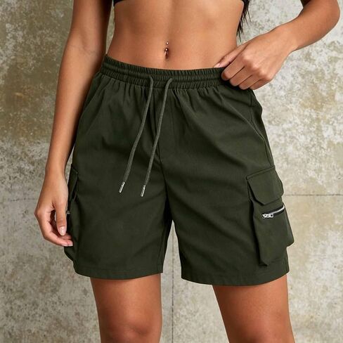 Drawstring Cargo Shorts for Women with Pockets Summer Casual Y2k Elastic High Waisted Wide Leg Bermuda Shorts in Saudi Arabia