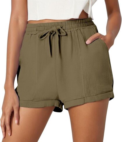 High Waisted Shorts for Women Casual Summer Trendy Drawstring Elastic Waist Roll Up Hem Beach Shorts with Pockets in Saudi Arabia
