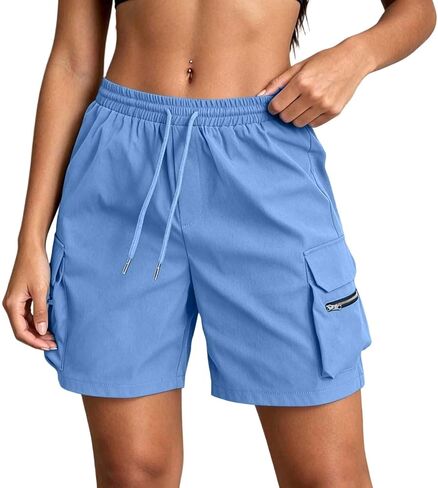 Drawstring Cargo Shorts for Women with Pockets Summer Casual Y2k Elastic High Waisted Wide Leg Bermuda Shorts in Saudi Arabia