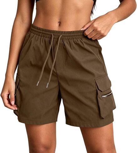 Drawstring Cargo Shorts for Women with Pockets Summer Casual Y2k Elastic High Waisted Wide Leg Bermuda Shorts in Saudi Arabia