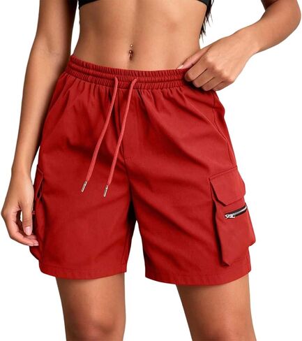 Drawstring Cargo Shorts for Women with Pockets Summer Casual Y2k Elastic High Waisted Wide Leg Bermuda Shorts in Saudi Arabia